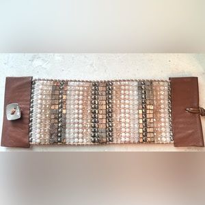 NAKAMOL Opalescent Crystals and Silver Metal Beads Tan Leather Cuff Bracelet